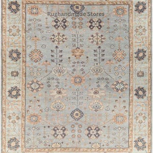 High Quality Oushak Slate Blue, Ivory, Navy Blue, Soft Peach, Muted Brown, Beige Rug and Turkish Knot Wool Area Rug By RughandmadeStores