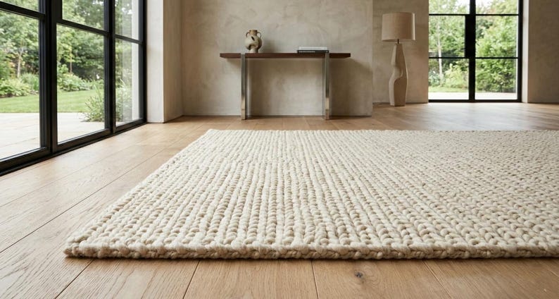 Puede incluir: Una alfombra grande, rectangular, de color crema con un tejido grueso y texturizado. La alfombra est&aacute; colocada sobre un suelo de madera clara en una habitaci&oacute;n con grandes ventanales y una est&eacute;tica minimalista. Las dimensiones de la alfombra no son visibles.