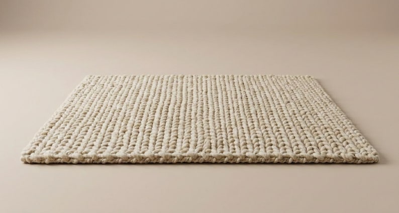 Puede incluir: Una alfombra rectangular de color beige con una textura gruesa y tejida. La alfombra est&aacute; hecha de hebras verticales gruesas, creando una superficie texturizada. La alfombra se coloca sobre un fondo neutro, resaltando su dise&ntilde;o simple y color natural.