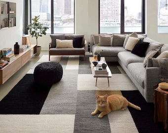Handmade Geometric Wool Area Rug: Modern Black, Gray & Cream Carpet