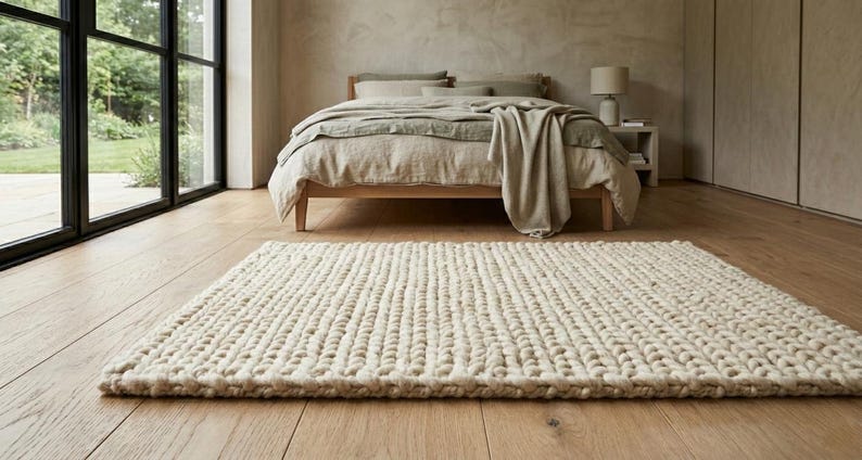 Puede incluir: Una alfombra rectangular de punto grueso de color crema se encuentra sobre un suelo de madera clara frente a una cama. La cama tiene un marco de madera y est&aacute; cubierta con ropa de cama de tonos neutros. Se ve una ventana grande con marco negro.