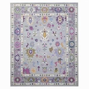 High Quality Handmade Vintage Oushak Rug Gray and Purple Turkish Knot Wool Area Rug, Living Room Rug, Bedroom Rug, Kids Room Rug