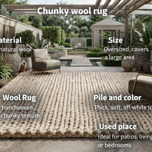 Puede incluir: Alfombra de lana gruesa, 100% lana natural. La alfombra de gran tama&ntilde;o, tejida a mano, tiene una textura gruesa y tonos blanquecinos. Ideal para patios, salones o dormitorios.