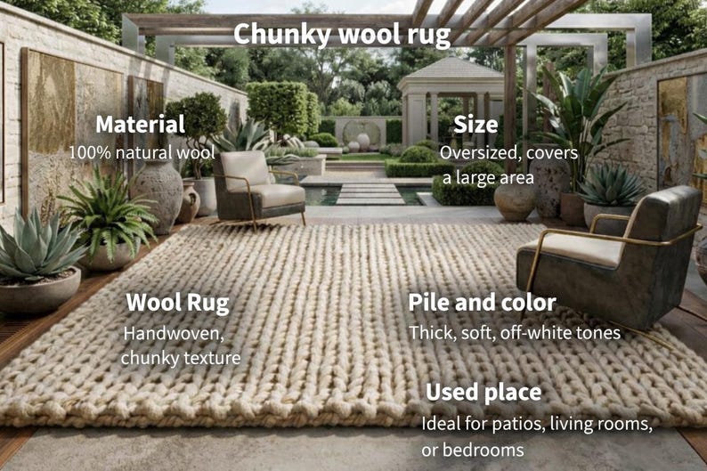 Puede incluir: Alfombra de lana gruesa, 100% lana natural. La alfombra de gran tama&ntilde;o, tejida a mano, tiene una textura gruesa y tonos blanquecinos. Ideal para patios, salones o dormitorios.