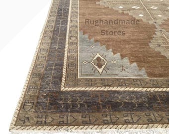 Handmade Oushak Wool Rug: Vintage Turkish Knot, Brown and Beige 8x10