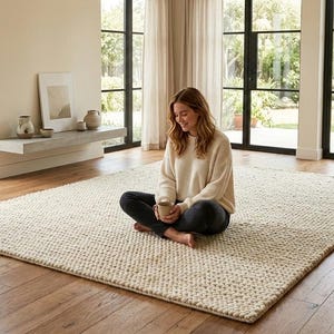 Puede incluir: Una alfombra grande, rectangular, de color blanquecino con un tejido grueso y texturizado. La alfombra est&aacute; colocada sobre un suelo de madera en una habitaci&oacute;n con grandes ventanales y luz natural. La alfombra es de color neutro y a&ntilde;ade calidez al espacio.