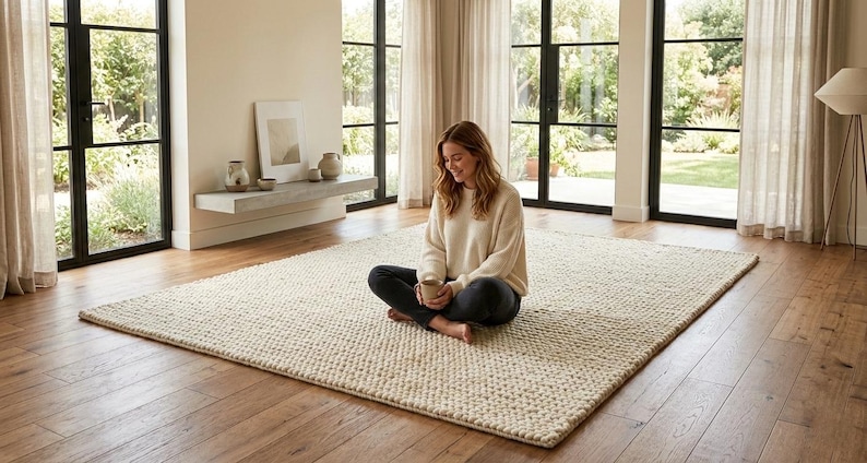 Puede incluir: Una alfombra grande, rectangular, de color blanquecino con un tejido grueso y texturizado. La alfombra est&aacute; colocada sobre un suelo de madera en una habitaci&oacute;n con grandes ventanales y luz natural. La alfombra es de color neutro y a&ntilde;ade calidez al espacio.