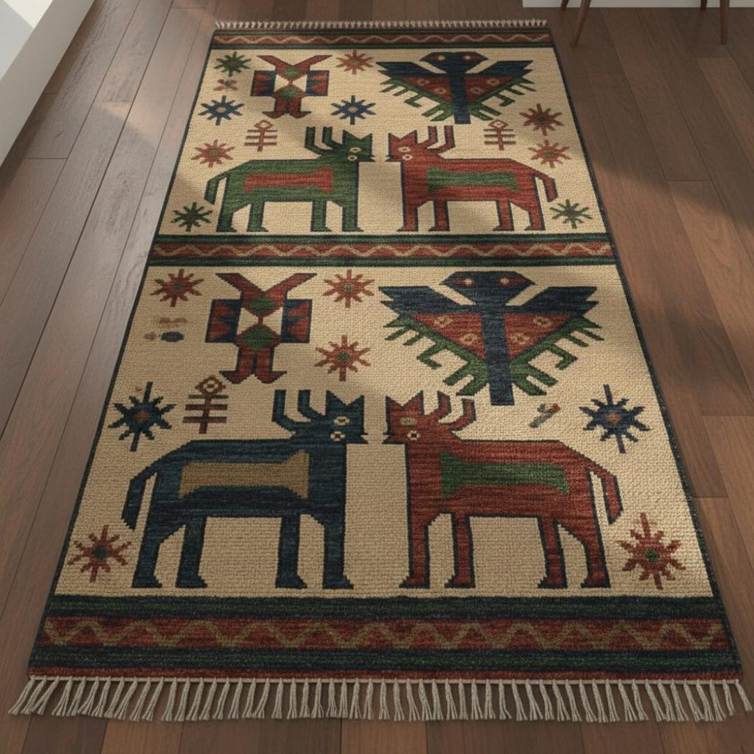 Handwoven Wool Tribal Rug, Folk Art Deer Bird Design, Boho Ethnic Decor ...