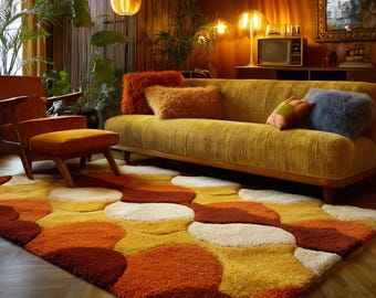 Retro Shag Rug: Hand-Tufted Wool, Geometric Circles, 70s Style