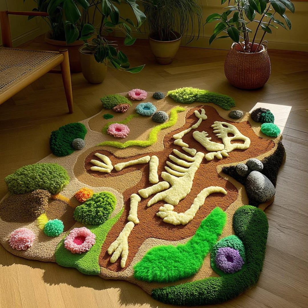 Skeletal Figure Tufted Rug: Handmade Wool, 5x8 Ft, Vibrant Landscape - 2x4 ft / 60x122 cm