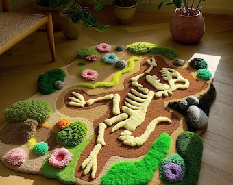 Skeletal Figure Tufted Rug: Handmade Wool, 5x8 Ft, Vibrant Landscape