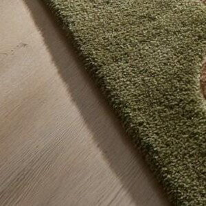 May include: A close-up of a green shag rug with a striped design in shades of beige and brown. The rug has a soft, textured appearance and is placed on a light-colored wooden floor.
