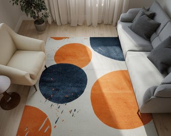 Modern Abstract Area Rug: Cream, Orange & Navy Circle Design