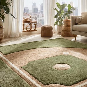 May include: A baseball field-shaped area rug with a green outfield and infield, tan base paths, and a white home plate. The rug is made of a soft, plush material and is designed for indoor use.