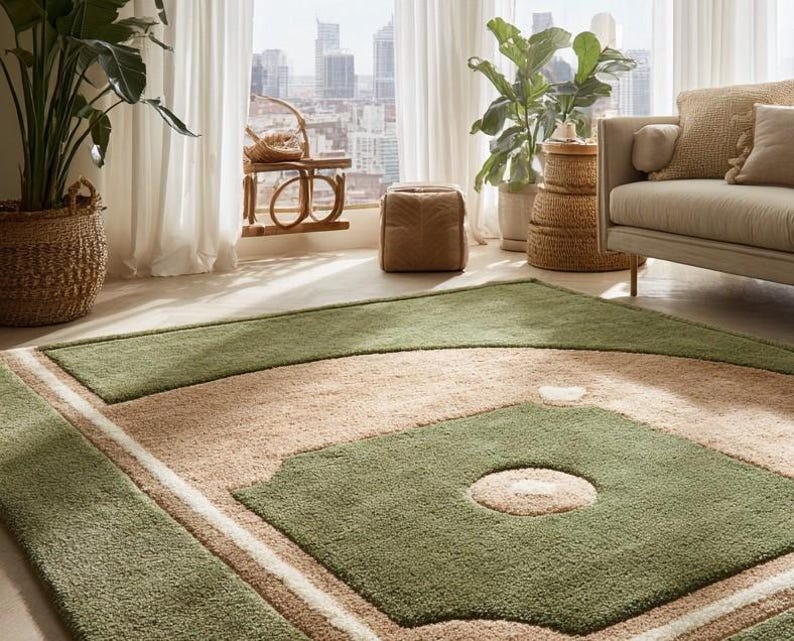 May include: A baseball field-shaped area rug with a green outfield and infield, tan base paths, and a white home plate. The rug is made of a soft, plush material and is designed for indoor use.