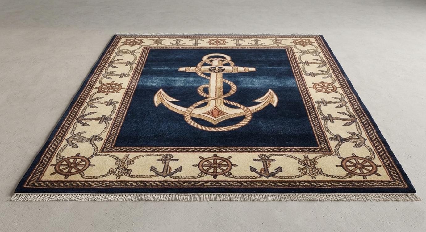 Nautical Anchor Rug, Navy Blue Coastal Area Carpet, Hand-knotted Wool ...