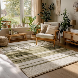 Può includere: Un tappeto rettangolare con un design geometrico verde e bianco. Il tappeto presenta strisce alternate e un motivo a rombi, creando un aspetto strutturato. Si trova in un soggiorno con luce naturale e piante.