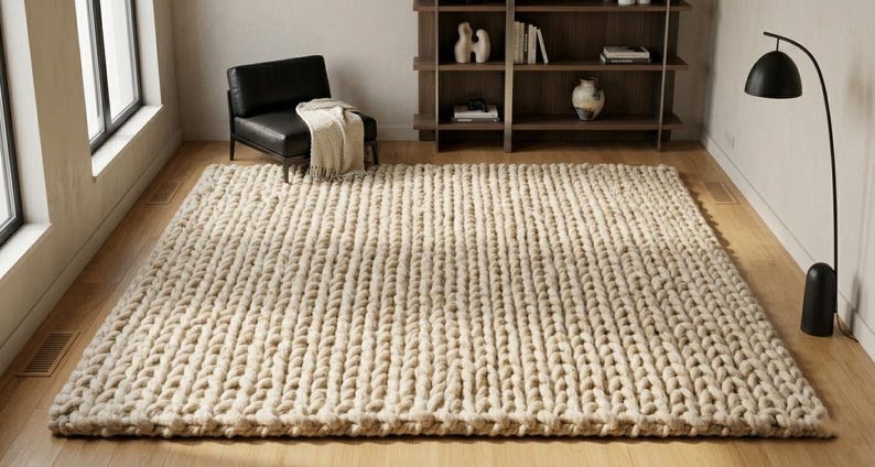 Puede incluir: Una alfombra grande, rectangular, de punto grueso en color beige neutro. La alfombra est&aacute; colocada sobre un suelo de madera, con una silla de cuero negro y una estanter&iacute;a de madera en el fondo. La alfombra mide unos 244 x 305 cm.