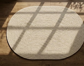 Alfombra ovalada de lana tejida a mano – Alfombra escandinava de color crema con trenzado grueso