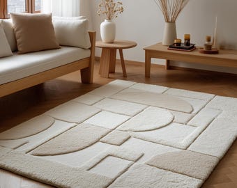 3D Textured Geometric Area Rug: Modern Beige & Cream Carpet