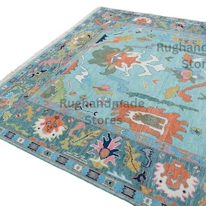 High Quality Handmade Vintage Oushak Rug Ocean Blue Rug,Gray Rug,Orange Rug and Brown Turkish Knot Wool Area Rug By RughandmadeStores