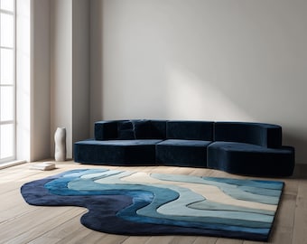 Handmade Tufted Wool Area Rug: Abstract Wave Design, Blue & Cream - 5x8 ft