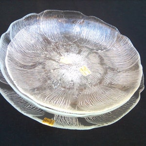 Könnte beinhalten: Zwei durchsichtige Glasteller mit Blumenmuster. Die Teller sind übereinander gestapelt.