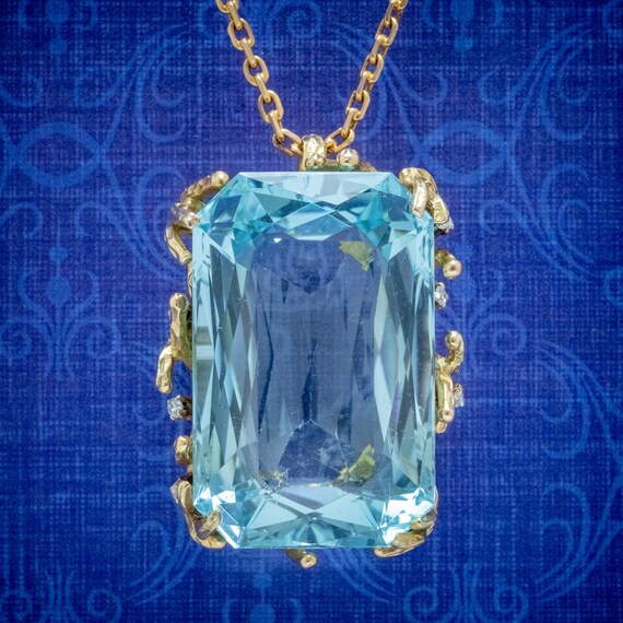 Vintage Aquamarine Diamond Pendant Necklace 18ct G