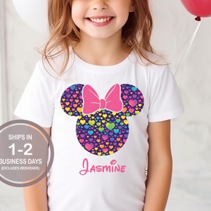 Colorful Minnie Heart Valentine&#39;s Day Shirt, Minnie Bow Shirt, Cute Little Girls Disney Shirt, Girl&#39;s Disney Shirt, Disney, Minnie Mouse