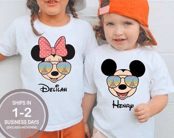 Disney World Mickey Minnie Sunglasses Castle Personalized Kids Disney Shirt, Minnie Bow Name Shirt, Mickey Name Shirt, Girl Boy Disney Shirt