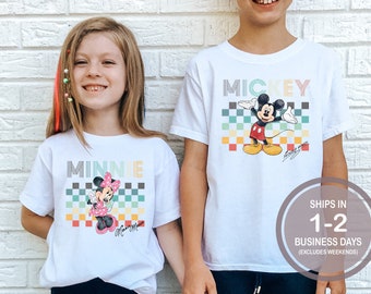 Mickey Minnie Mouse Brother Sister Matching Disney Shirt, Mickey Checkered Shirt, Minnie Bow Shirt, Youth Disney, Girl's Boy's Disney Shirt