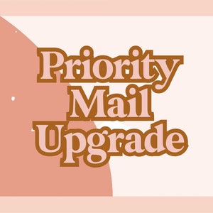 May include: A graphic with a peach background and white text that says "Priority Mail Upgrade".