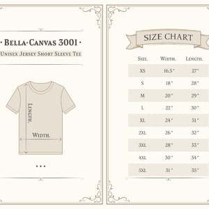 Puede incluir: Gr&aacute;fico color crema que muestra una camiseta con medidas y una tabla de tallas. El texto dice "BELLA+CANVAS 3001" y "UNISEX JERSEY SHORT SLEEVE TEE". La tabla de tallas enumera las tallas XS a 5XL con ancho y largo en pulgadas.