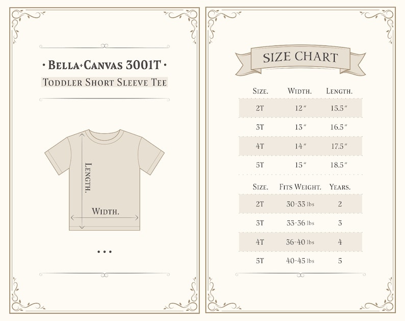 Puede incluir: Un diagrama beige de camiseta de manga corta para ni&ntilde;os peque&ntilde;os con medidas en pulgadas. La tabla de tallas muestra el ancho y el largo para las tallas 2T a 5T, junto con los rangos de peso y edad correspondientes. El texto "BELLA CANVAS 3001T" est&aacute; en la parte superior.
