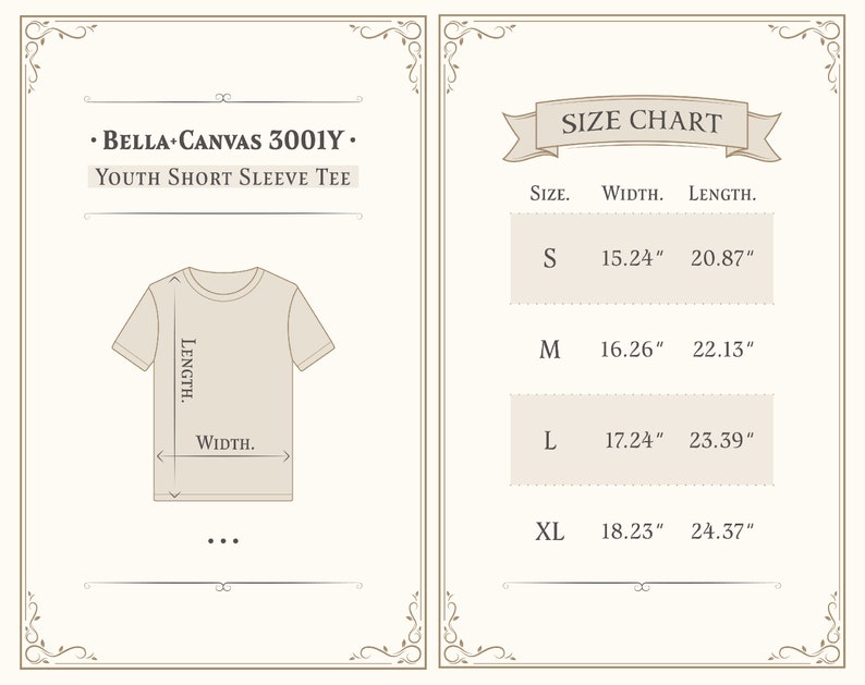 Pode incluir: Tabela de tamanhos para uma camiseta de manga curta para jovens, Bella+Canvas 3001Y. A tabela mostra a largura e o comprimento em polegadas para os tamanhos S, M, L e XL.