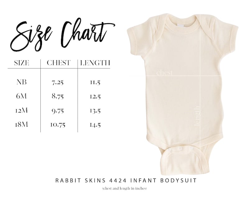 Może przedstawiać: Tabela rozmiar&oacute;w dla body dla niemowląt w rozmiarach NB, 6M, 12M i 18M. Tabela pokazuje wymiary klatki piersiowej i długości w calach. RABBIT SKINS 4424 INFANT BODYSUIT