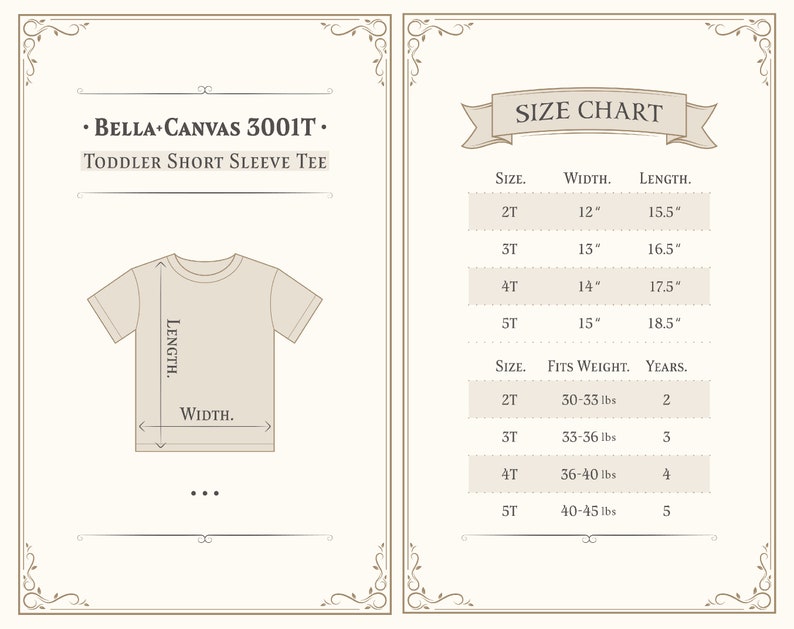 Puede incluir: Tabla de tallas para la camiseta de manga corta para ni&ntilde;os peque&ntilde;os Bella Canvas 3001T. La tabla muestra las tallas 2T a 5T con las medidas de ancho y largo correspondientes en pulgadas, as&iacute; como los rangos de peso en libras y las edades correspondientes en a&ntilde;os.