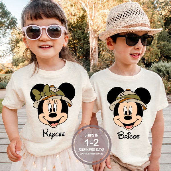 Disney World Mickey Minnie Safari Animal Kingdom Personalized Kids Disney Shirt, Minnie Bow Name, Mickey Name Shirt, Girl Boy Disney Shirt