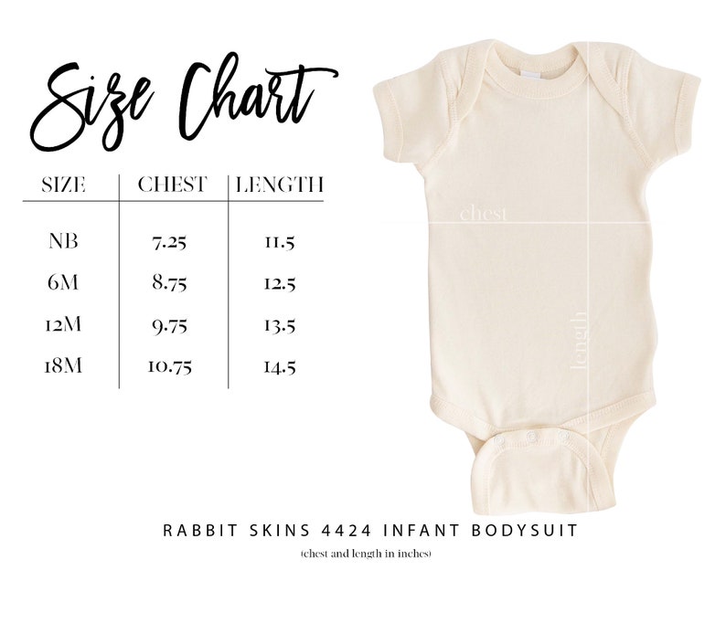 Puede incluir: Tabla de tallas para bodies de beb&eacute; en tallas NB, 6M, 12M y 18M. La tabla muestra las medidas de pecho y longitud en pulgadas. RABBIT SKINS 4424 INFANT BODYSUIT