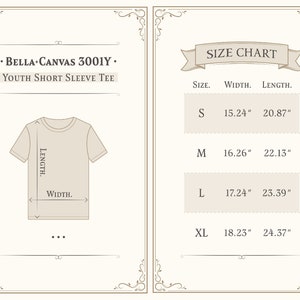 Może przedstawiać: Tabela rozmiar&oacute;w dla dziecięcego t-shirtu z kr&oacute;tkim rękawem, Bella+Canvas 3001Y. Tabela pokazuje szerokość i długość w calach dla rozmiar&oacute;w S, M, L i XL.