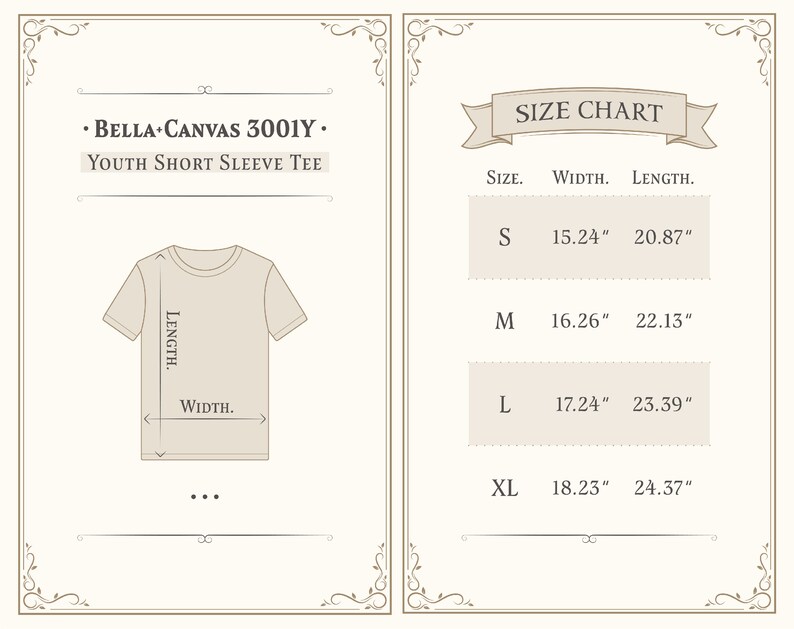 Może przedstawiać: Tabela rozmiar&oacute;w dla dziecięcego t-shirtu z kr&oacute;tkim rękawem, Bella+Canvas 3001Y. Tabela pokazuje szerokość i długość w calach dla rozmiar&oacute;w S, M, L i XL.