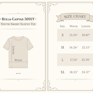 May include: Size chart for a youth short sleeve tee, Bella+Canvas 3001Y. The chart shows the width and length in inches for sizes S, M, L, and XL.