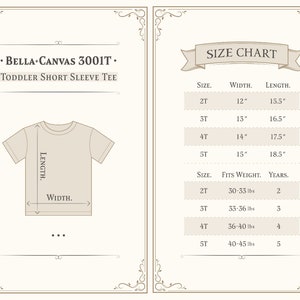 May include: Size chart for Bella Canvas 3001T toddler short sleeve tee. The chart shows sizes 2T through 5T with corresponding width and length measurements in inches, as well as weight ranges in pounds and corresponding ages in years.