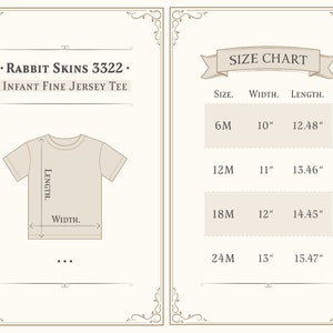 Puede incluir: Tabla de tallas para camiseta de punto fino para beb&eacute;, que muestra las medidas en pulgadas para las tallas 6M, 12M, 18M y 24M. La tabla muestra las medidas de ancho y largo.