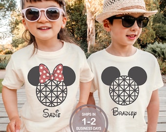 Camiseta infantil personalizada de Disney con Mickey y Minnie de Disney World Epcot, camiseta con nombre de Minnie, camiseta con nombre de Mickey, camiseta de Disney para niña y niño, hermano y hermana