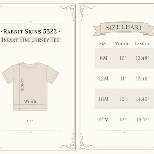 Może przedstawiać: Tabela rozmiar&oacute;w dla dziecięcego t-shirtu z cienkiej dzianiny, pokazująca wymiary w calach dla rozmiar&oacute;w 6M, 12M, 18M i 24M. Tabela pokazuje wymiary szerokości i długości dla każdego rozmiaru.