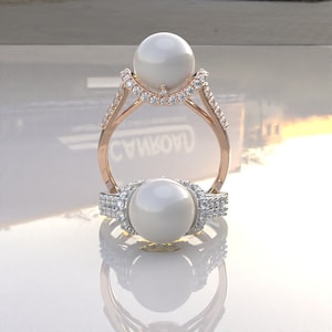 Pearl Engagement Ring, Pearl Wedding Ring, Pearl Anniversary Ring, Pearl Gold Ring, Pear Silver Ring, Promise Ring, Pearl Moissanite Ring