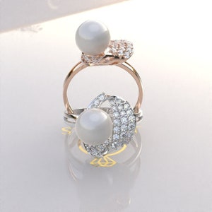 Pearl Engagement Ring, Pearl Wedding Ring, Pearl Anniversary Ring, Pearl Gold Ring, Pear Silver Ring, Promise Ring, Pearl Moissanite Ring