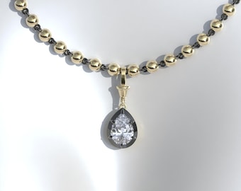 3,0 kt spantangset Georgisch ingekorte knop terug peer Moissaniet hanger, zwart goud, hanger met afneembare sluiting, bal ketting