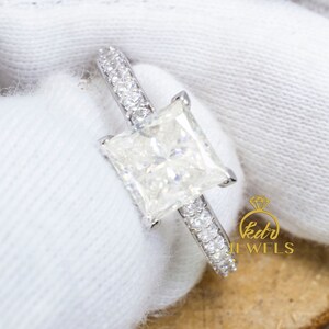 Princess Cut Forever One Moissanite Engagement Ring with 0.27ct of Natural Diamonds on Side, 14K Solid Gold Wedding Ring, Promise Ring